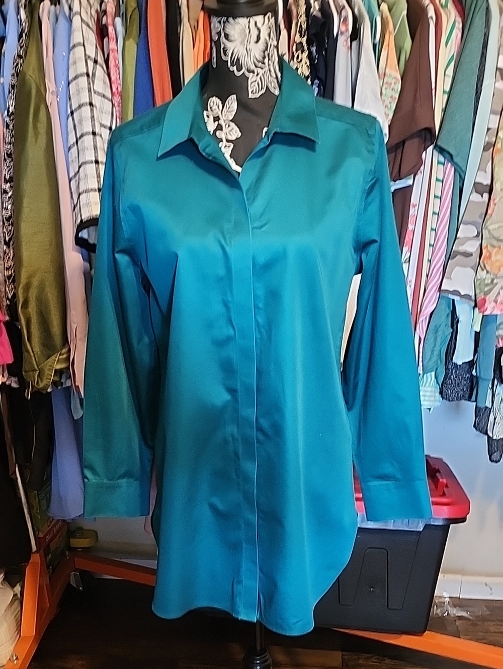 Chico's Teal Satin Button-Down Blouse